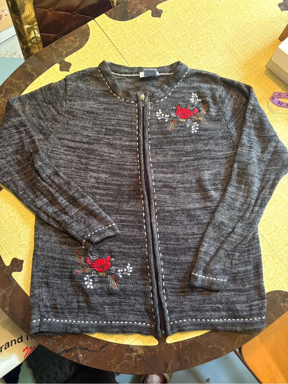 Vintage Gray Women's Embroidered Cardigan Sweater with Red Bird Accents